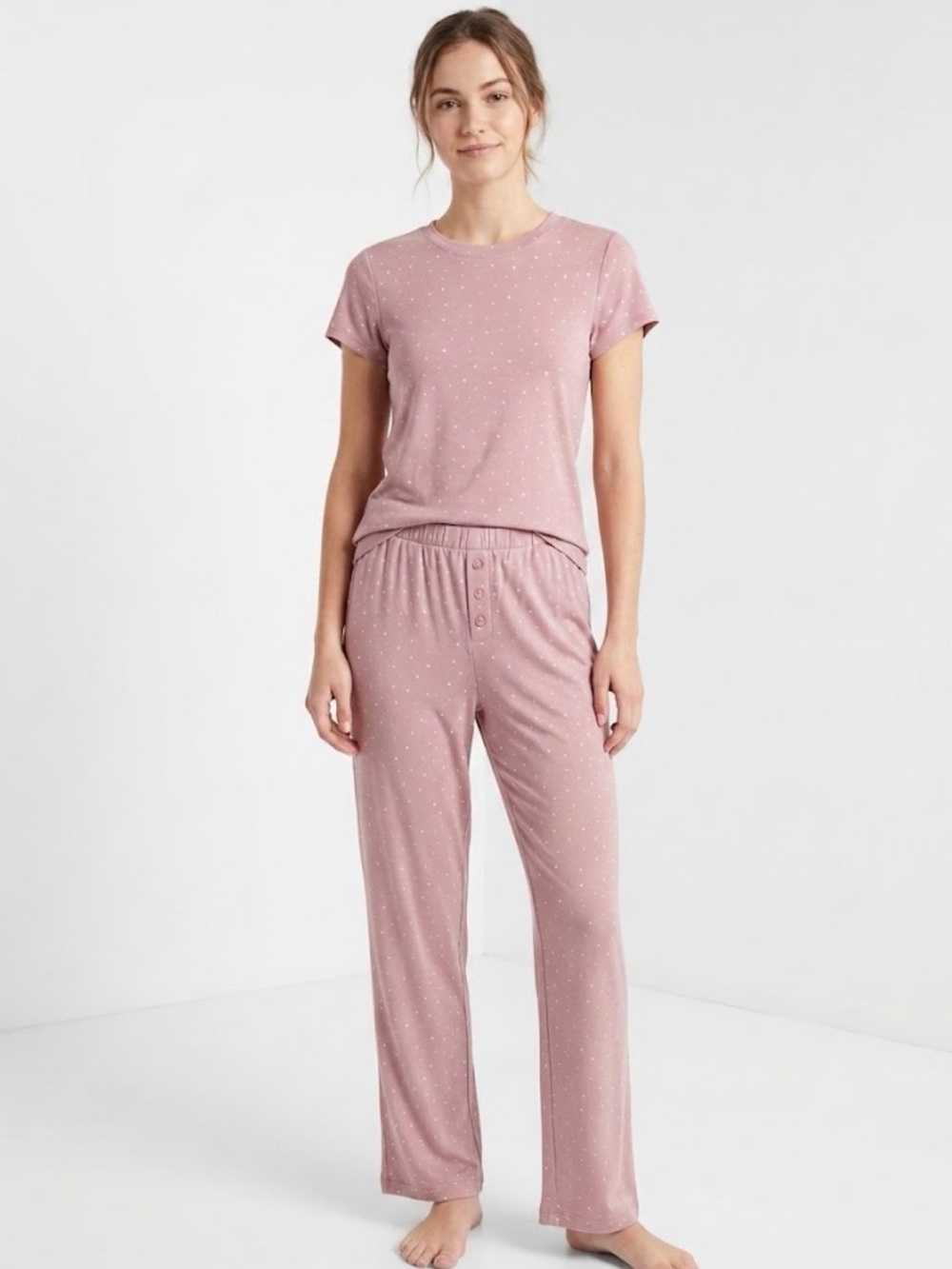 SUNDRY Dusty Rose Polka Dot Pajama Set Short Sleeve Wide Leg Pants